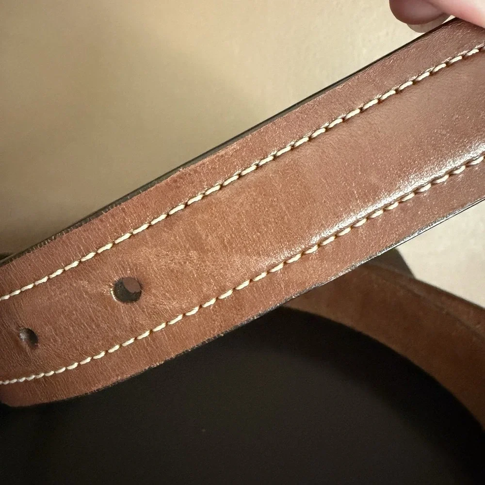 Cole Haan Belt Mens 40 Cognac Brown Leather Contrast Stitching Silver Buckle